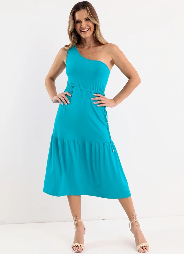 Queima Estoque - Vestido Azul um Ombro com Cordão na Cintura 3