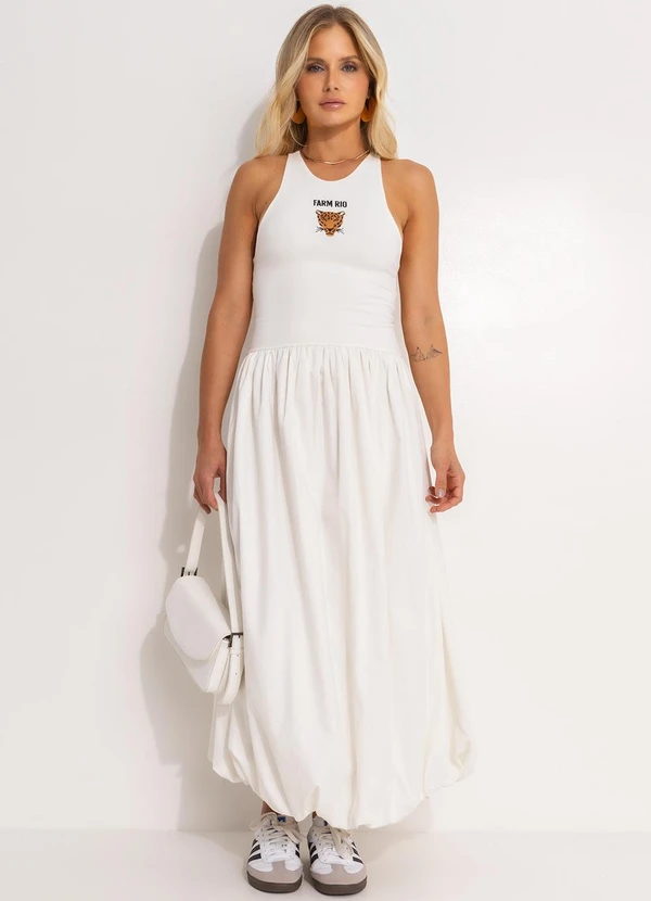 Farm - Vestido Balonê Bordado Banana Off White