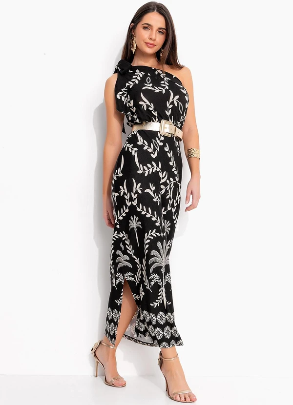 Quintess - Vestido Barrado Coqueiros em Malha de Viscose