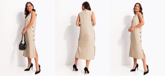 Vestido Longuete Bege em Alfaiataria com Bot�es e Fendas Laterais