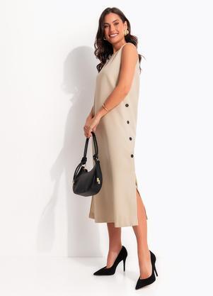 Vestido Longuete Bege em Alfaiataria com Bot�es e Fendas Laterais