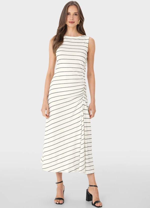 Malwee - Vestido Bege Mídi Listrado