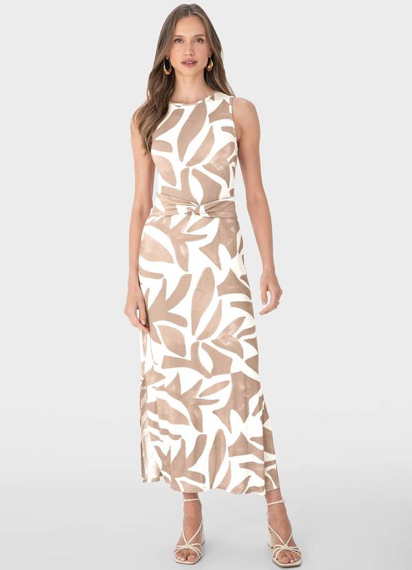Malwee - Vestido Bege Mídi Tropical com Amarração