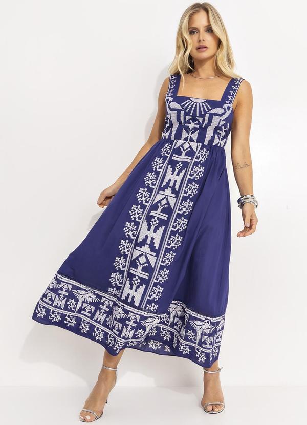 Farm - Vestido Bordado Laço Costas Azul