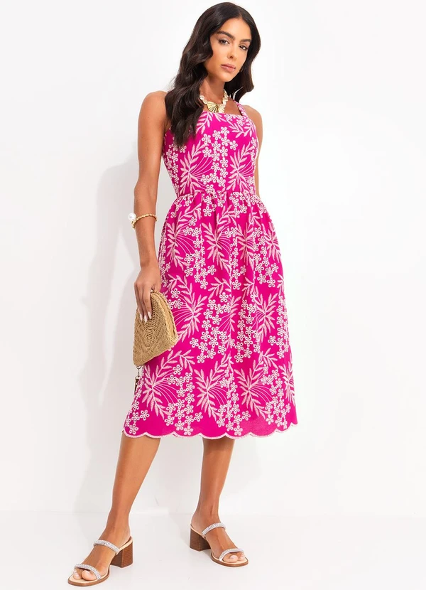 Quintess - Vestido Bordado Rosa em Tecido Laise