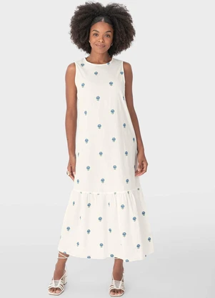Malwee - Vestido Branco Mídi Bordado Floral - MALWEE