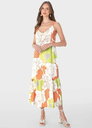 Malwee - Vestido Branco Mídi Floral - MALWEE