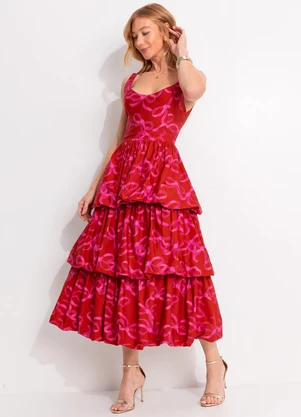 Farm - Vestido Camadas Balonê Laços Vermelho - FARM