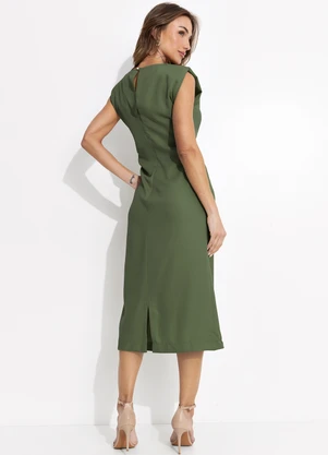 Quintess - Vestido Midi Verde em Crepe com Ombro Estruturado e Drapeado Lateral - QUINTESS