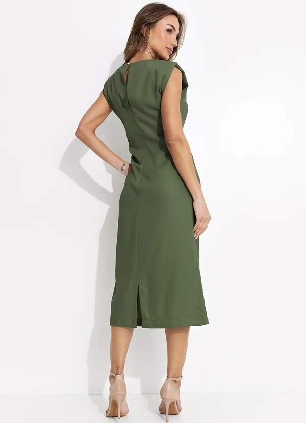 Quintess - Vestido Midi Verde em Crepe com Ombro Estruturado e Drapeado Lateral 2