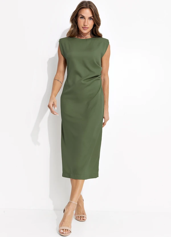 Quintess - Vestido Midi Verde em Crepe com Ombro Estruturado e Drapeado Lateral 3