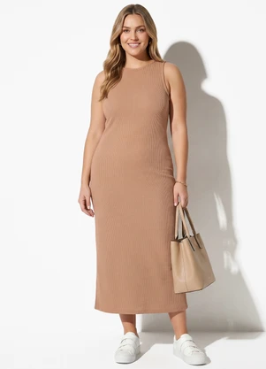 Quintess - Vestido Camel em Malha Texturizada - QUINTESS