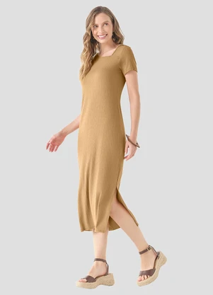Cereja Rosa - Vestido Canelado em Viscose com Elastano Marrom - CEREJA ROSA