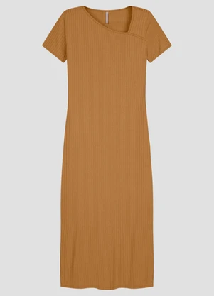 Cereja Rosa - Vestido Canelado em Viscose com Elastano Marrom - CEREJA ROSA