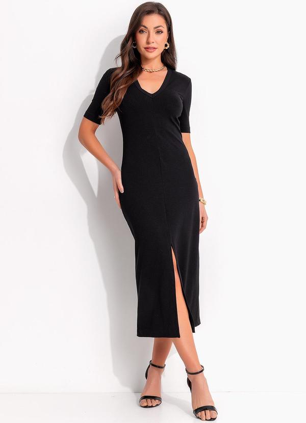 Colcci - Vestido Canelado Midi Preto