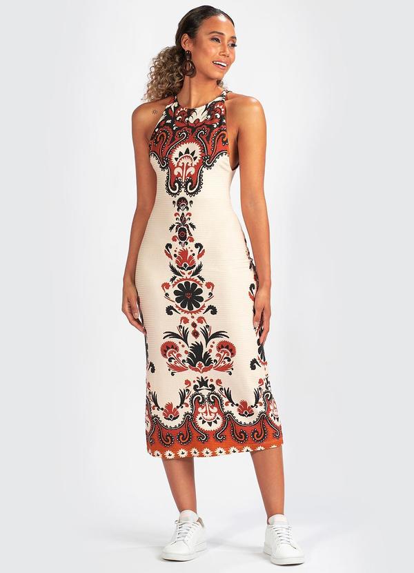 Farm - Vestido Canelado Tapete de Flor Bege