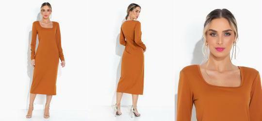 Vestido Caramelo Decote Quadrado e Mangas Longas