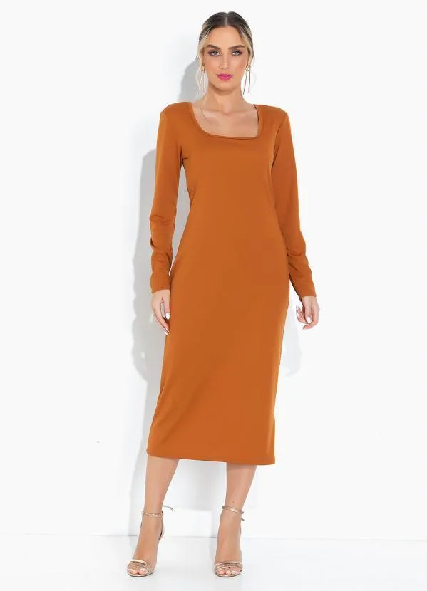 Moda Pop - Vestido Caramelo Decote Quadrado e Mangas Longas