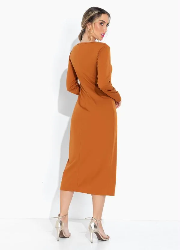Moda Pop - Vestido Caramelo Decote Quadrado e Mangas Longas 2