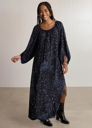 Lunender - Vestido Chá Estampado com Mangas 3/4 Azul - LUNENDER