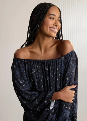 Lunender - Vestido Chá Estampado com Mangas 3/4 Azul - LUNENDER