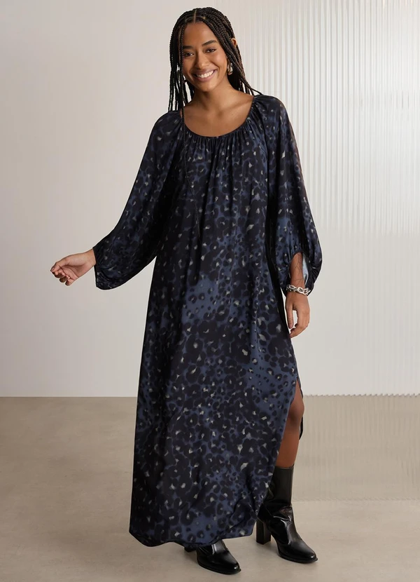 Lunender - Vestido Chá Estampado com Mangas 3/4 Azul