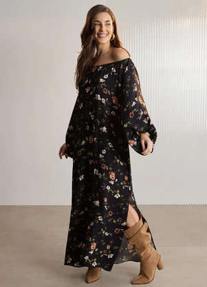 Lunender - Vestido Chá Estampado com Mangas 3/4 Preto - LUNENDER