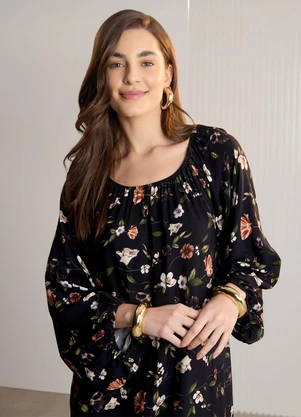 Lunender - Vestido Chá Estampado com Mangas 3/4 Preto - LUNENDER
