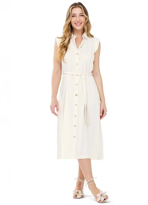 Outlet - Vestido Chemise com Faixa Adulto Feminino Branco - OUTLET