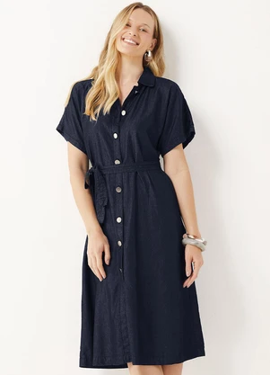 Marialícia - Vestido Chemise Feminino Midi Liocel Azul - MARIALÍCIA
