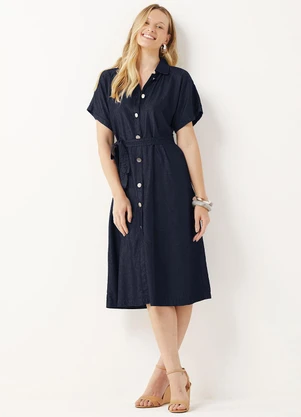 Marialícia - Vestido Chemise Feminino Midi Liocel Azul - MARIALÍCIA