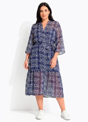 Quintess - Vestido Chemise Longuete Paisley Azul em Chiffon com Lurex - QUINTESS
