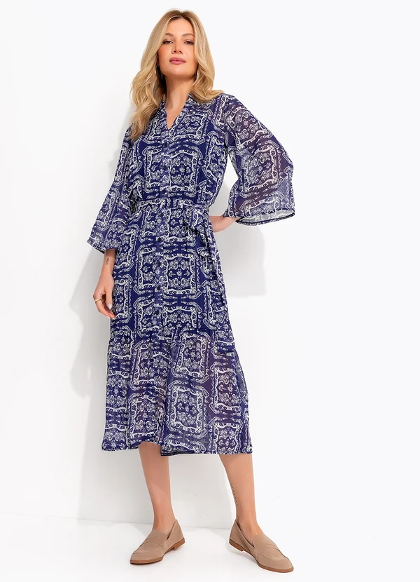 Quintess - Vestido Chemise Longuete Paisley Azul em Chiffon com Lurex 5