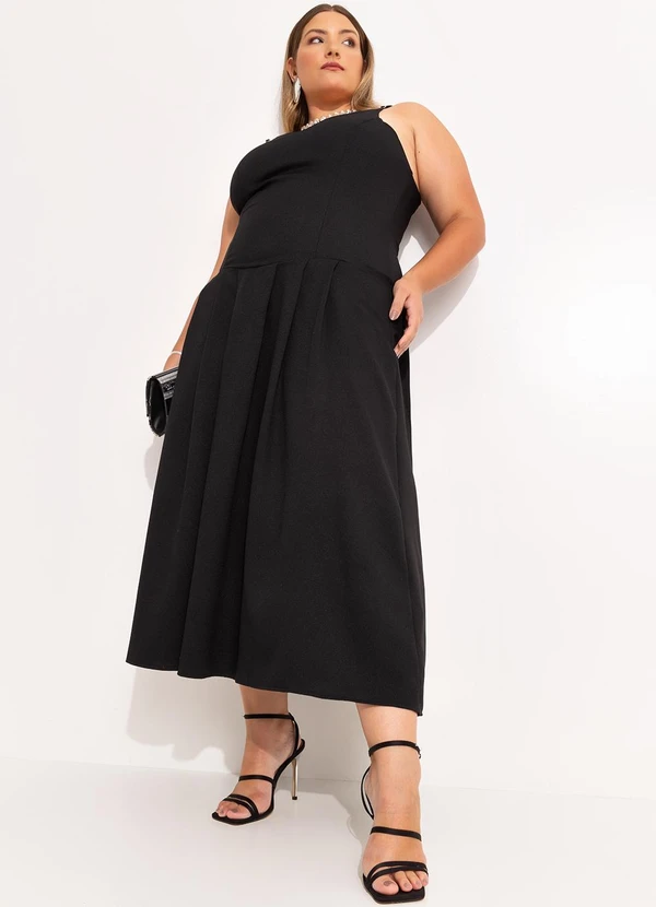 Quintess - Vestido Longuete Preto em Crepe com Cintura Deslocada e Decote V 2