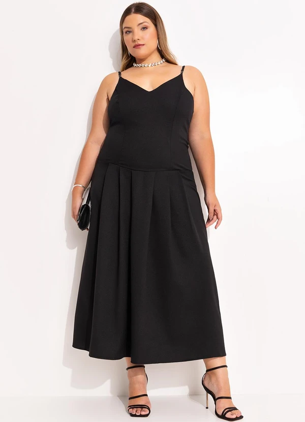 Quintess - Vestido Cintura Deslocada Preto em Crepe Plano