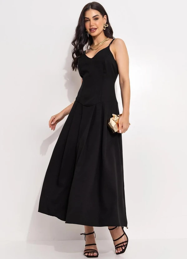 Quintess - Vestido Longuete Preto em Crepe com Cintura Deslocada e Decote V 10