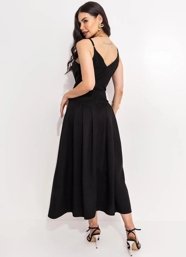 Quintess - Vestido Longuete Preto em Crepe com Cintura Deslocada e Decote V 9