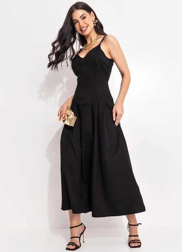 Quintess - Vestido Longuete Preto em Crepe com Cintura Deslocada e Decote V 8