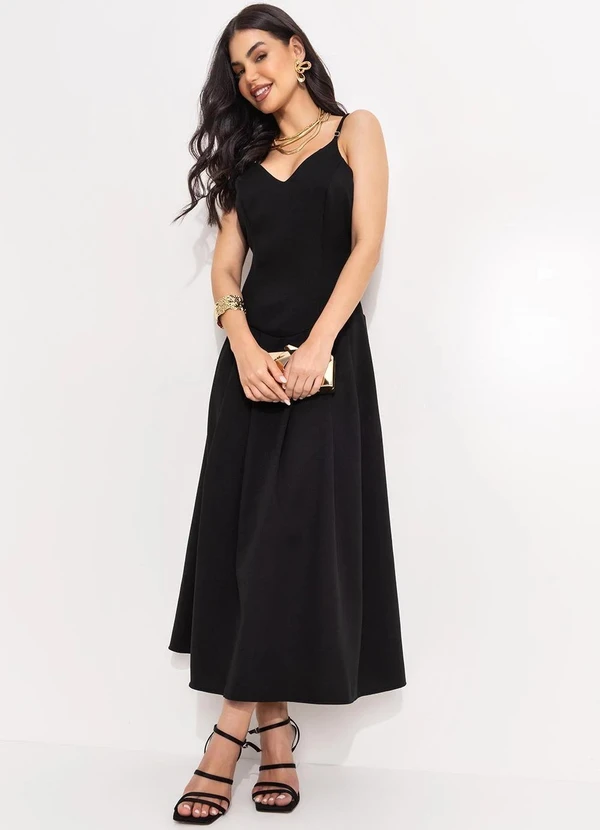 Quintess - Vestido Longuete Preto em Crepe com Cintura Deslocada e Decote V 7