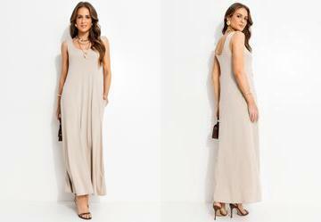 Vestido Bege em Malha de Viscose