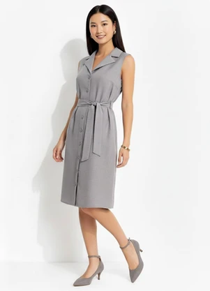 Quintess - Vestido Cinza em com Aspecto de Linho - QUINTESS