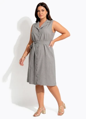 Quintess - Vestido Cinza em com Aspecto de Linho - QUINTESS