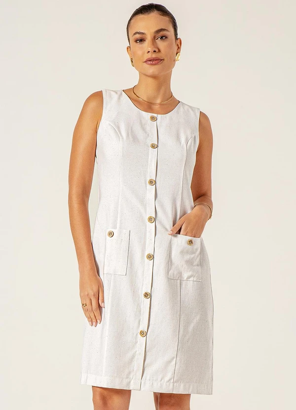 Principessa - Vestido Clássico em Viscose Fluid com Linho Off White Judy