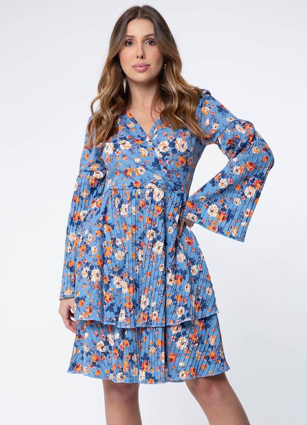 Misiss - Vestido Clássico Plissado Nicole Floral Azul