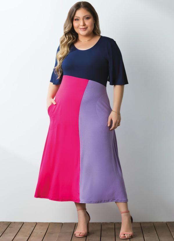 Queima Estoque - Vestido Color Block Mangas Curtas com Bolsos 4