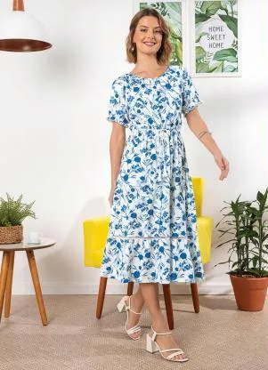 bonprix - Vestido com Amarração Floral Azul - BONPRIX