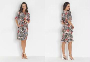 Vestido com Babado Floral Preto