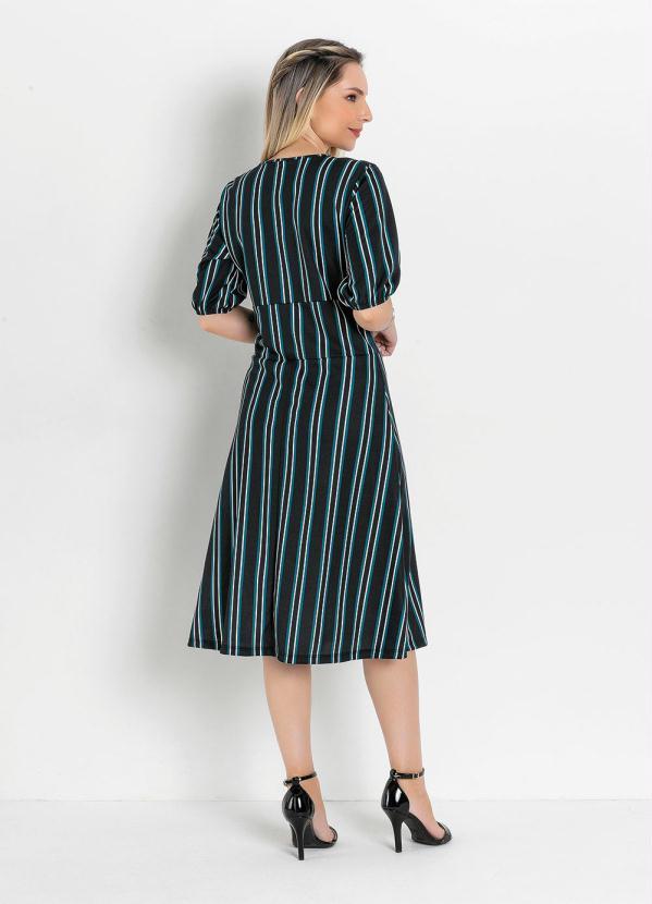 Queima Estoque - Vestido com Botões Listras Preta Moda Evangélica 2