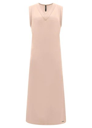 Lunender - Vestido com Decote em V Midi Chá Tricô Bege - LUNENDER