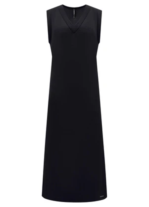 Lunender - Vestido com Decote em V Midi Chá Tricô Preto - LUNENDER